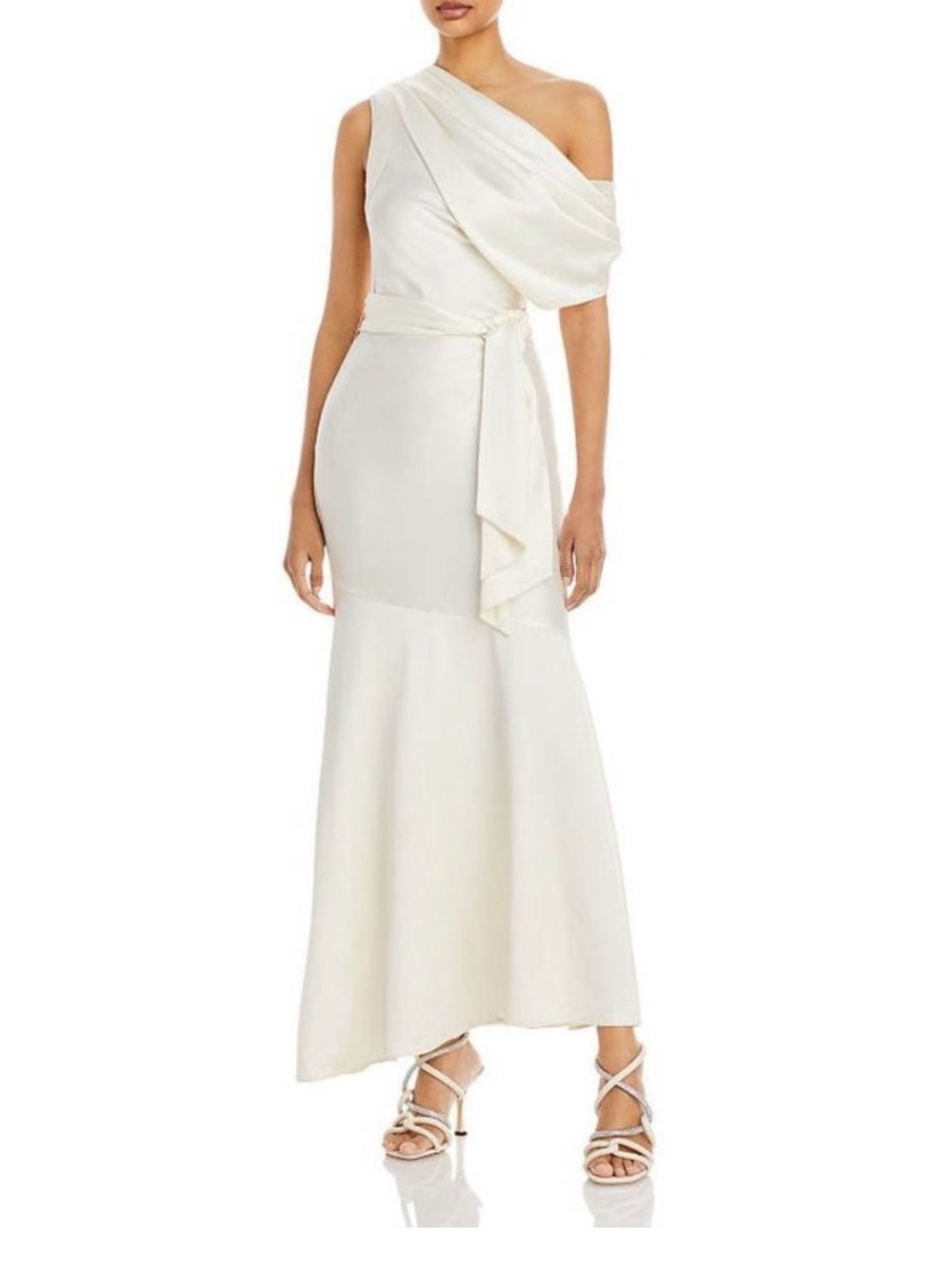 “Significant Other” One-Shoulder Cream Satin Evening Dress with Draped Sash
